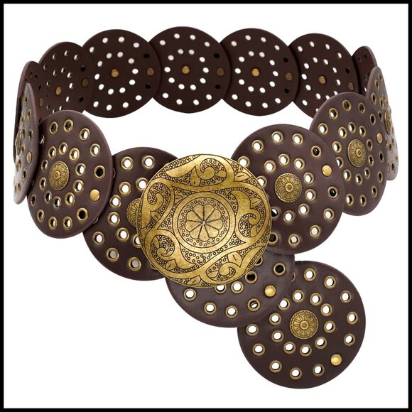 Vintage Western Disc Belt Boho Concho Leather Adjustable Waist Belt Women